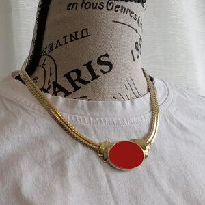 Vintage gold-plated necklace with red oval decoration
